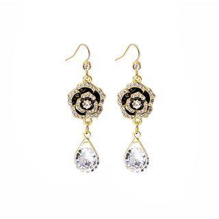 Flower Rhinestone Alloy Dangle Earring E4679-3 - 1 Pair - Black & White - One Size
