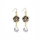 Flower Rhinestone Alloy Dangle Earring E4679-3 - 1 Pair - Black & White - One Size