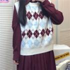 Long-sleeve Collared Dress / Argyle Sweater Vest