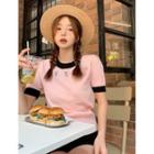 Short-sleeve Flower Embroidered Knit Top Pink - One Size