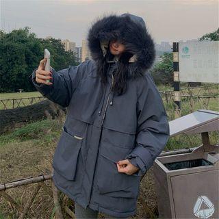 Furry Trim Hooded Padded Zip Coat As Shown In Figure - One Size