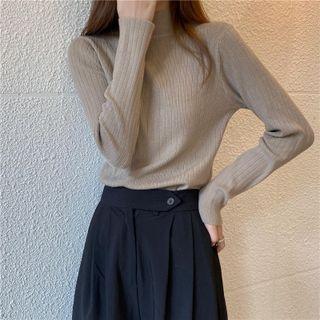 Semi Turtleneck Plain Ribbed Knit Top