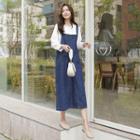 A-line Long Overall Denim Dress Blue - One Size