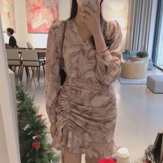 Printed Long-sleeve Drawstring Sheath Dress Pink - One Size