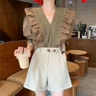 Ruffle Trim Lace Panel Short Sleeve Blouse / Wide Leg Shorts