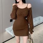 Set: Spaghetti-strap Mini Sheath Dress + Long-sleeve V-neck Top