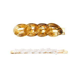 Set Of 2: Faux Pearl Hair Pin + Resin Hair Clip Set Of 2 - Brown & Silver - One Size