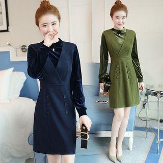 Mock Two-piece Velvet Panel Long-sleeve Dress