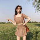 Set: Plaid Short-sleeve Crop Top + A-line Pleated Skirt