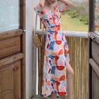 Set: Short-sleeve Floral Midi A-line Dress + Shorts