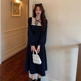 Long-sleeve Lace Panel Midi A-line Dress As Shown In Figure - One Size