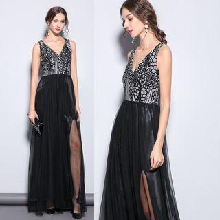 V-neck Sequined Panel Mesh Slit Evening Gown