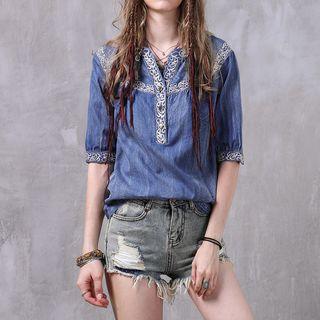 Embroidered Elbow Sleeve Denim Top