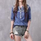 Embroidered Elbow Sleeve Denim Top
