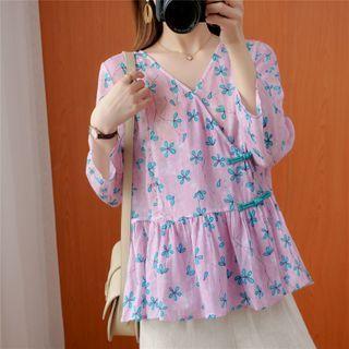 Floral 3/4-sleeve Frog-button Blouse