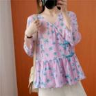Floral 3/4-sleeve Frog-button Blouse