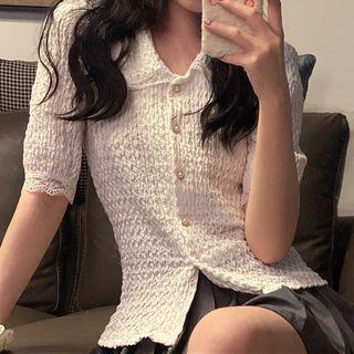 Elbow-sleeve Textured Shirt White - One Size