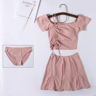 Set: Drawstring Short-sleeve Swim + Bottom + Swim Skirt