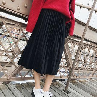 Pleated Velvet A-line Midi Skirt