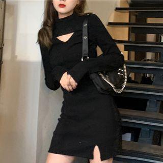 Long-sleeve Turtleneck Cutout Knit Mini Bodycon Dress