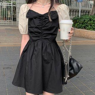 Contrast Puff-sleeve Bow-front Ruched A-line Dress / Cropped Blouse