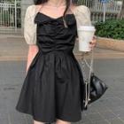Contrast Puff-sleeve Bow-front Ruched A-line Dress / Cropped Blouse