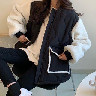 Faux Shearling-sleeve Padded Zip Jacket Black & White - One Size