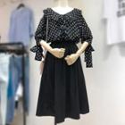 Dotted 3/4-sleeve Top / High Waist A-line Skirt