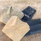 Elbow-sleeve Collar Button-up Top / High Waist Straight Leg Jeans