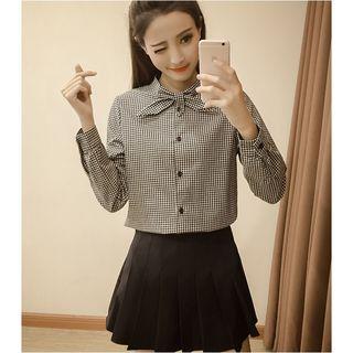 Gingham Tie-neck Long-sleeve Shirt