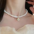 Faux Gemstone Pendant Freshwater Pearl Choker Necklace - Faux Pearl Pendant - White - One Size