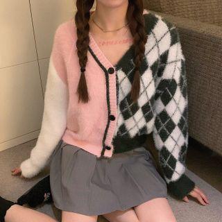 Argyle Panel Long-sleeve Cardigan Pink - One Size