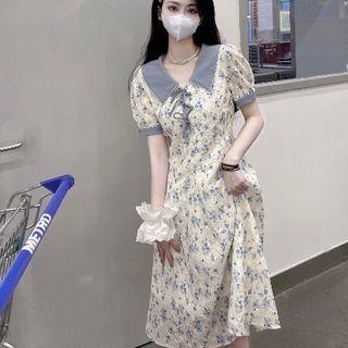 Floral Lace-up A-line Dress Almond - One Size