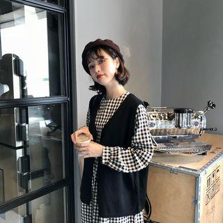 Buttoned Knit Vest / Long-sleeve Plaid A-line Midi Dress