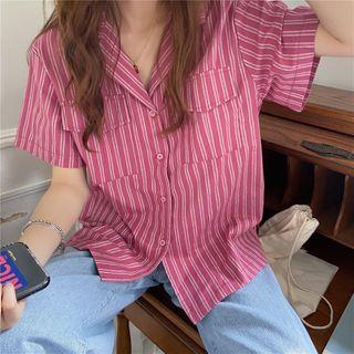 Striped Flap-pocket Short-sleeve Blouse Pink - One Size