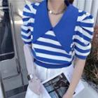 Puff-sleeve Collared Striped Knit Crop Top