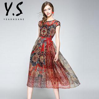 Set: Cap-sleeve Patterned A-line Dress + Slipdress