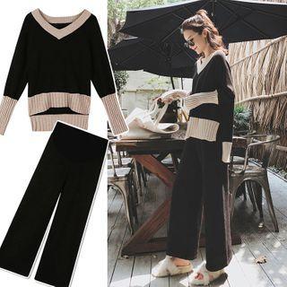 Set: Contrast Trim Sweater + Wide Leg Pants