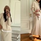 Knit Set: Cable-knit Hoodie + Maxi Flared Skirt