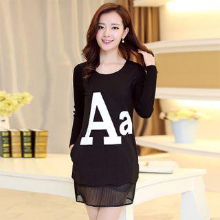 Letter Mesh Panel Long-sleeve Dress