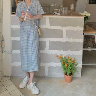 Plaid Short-sleeve Overall Dress As Shown In Figure - One Size