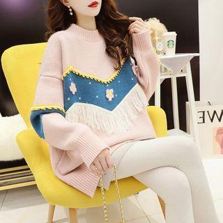 Mock-neck Fringed Flower Applique Sweater
