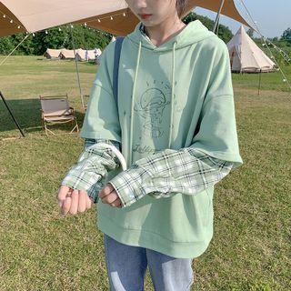 Gingham Panel Cartoon Print Hoodie