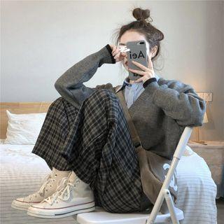 Contrast-trim V-neck Cardigan / Plain Shirt / Wide-leg Plain Pants