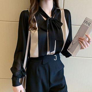 Puff-sleeve Tie-neck Striped Blouse