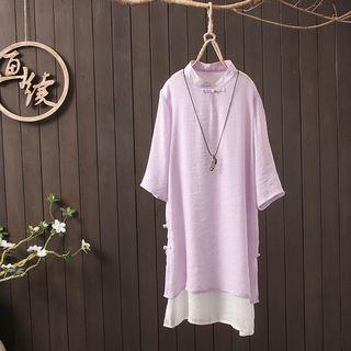 Embroidered Elbow-sleeve Midi Linen Dress