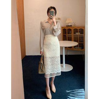 Tulle-layered Long Lace Skirt