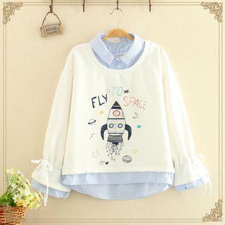 Lettering Printed Mock Two Piece Long-sleeve Top