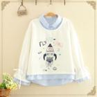 Lettering Printed Mock Two Piece Long-sleeve Top