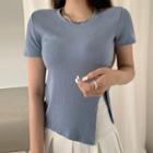 Short-sleeve Plain Side-slit Knit T-shirt